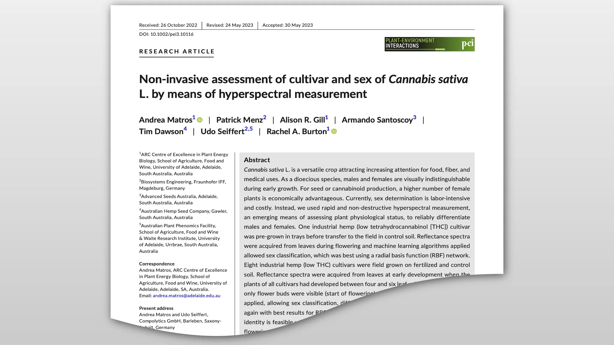 Research Article: Spectral Assessment of Cultivar and Sex of Cannabis Plants